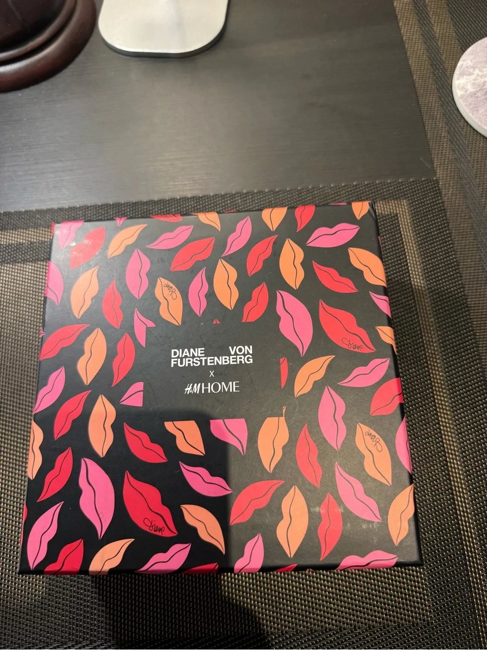 Diane Von Furstenberg Lip Print Coaster Set - Black with Red, Pink & Orange Lips